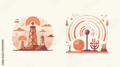 Conceptual illustrations of radio towers and signal transmission, representing communication and technology