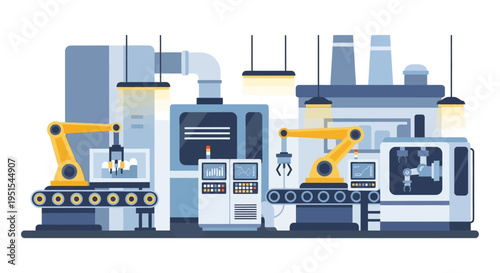 Industry 4.0 Automated Manufacturing Line with Robotic Arms & Conveyor Belts. Smart Factory Production Process, Industrial Technology & Digital Automation.