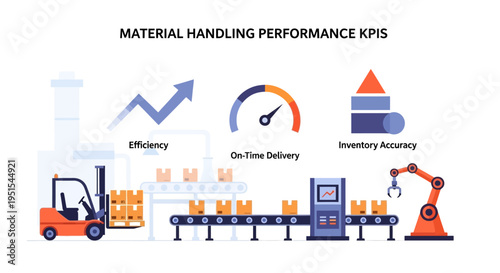 Material Handling Performance KPIs Illustration: Logistics, Supply Chain, Efficiency, On-Time Delivery, Inventory Accuracy
