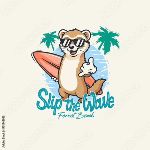 Ferret wearing sunglasses holding surfboard.