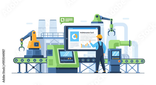 Worker Managing Industrial Automation & Maintenance SaaS on Tablet. Smart Factory Data Monitoring.