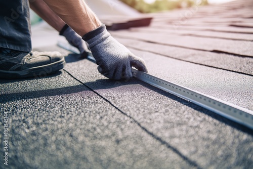 Professional Roofer Installing Shingles. Roofer's hands installing new grey asphalt shingles on a residential roof