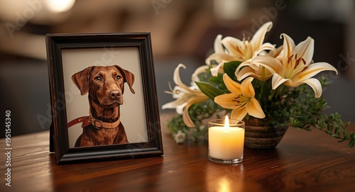 Indoor wooden tabletop with dog picture pet collar warm candlelight and lily floral accent