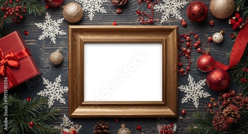 Mockup of wooden picture frame on a colorful Christmas setting designed for winter holiday greetings with copy space