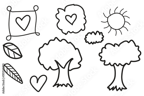 A heartwarming illustration of trees leaves and hearts under a sunny sky