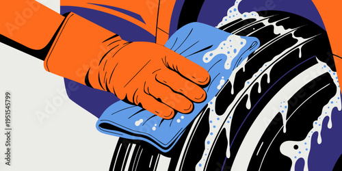 Pop art vector illustration of a car detailing process. Worker's hand in an orange protective glove cleaning a tire with a soapy blue cloth and foam.