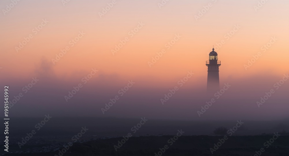 Fototapeta premium Lighthouse silhouette in soft dawn fog