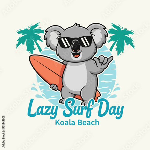 Koala wearing sunglasses with surfboard.