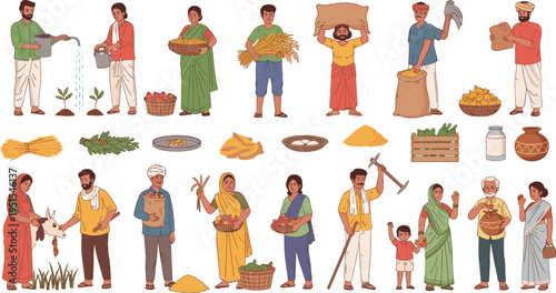 Indian Rural Farmers and Agricultural Activities Illustration Set with Harvesting, Planting, Crops, Village People, and Traditional Farming Lifestyle Scenes