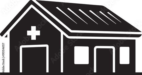 Vector illustration of a black medical clinic building with a white cross on the gable roof isolated on transparent background