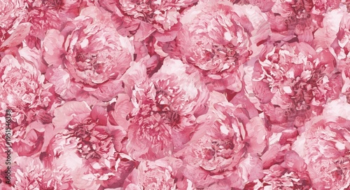 pattern of blooming pink peonies in layered watercolor style