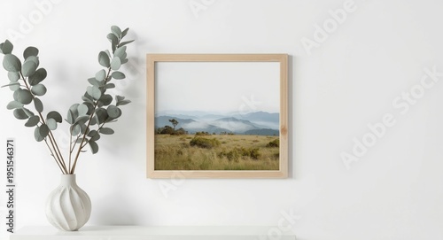 Mockup of a landscape frame featuring artwork or quote on a white wall with eucalyptus branches in a decorative vase