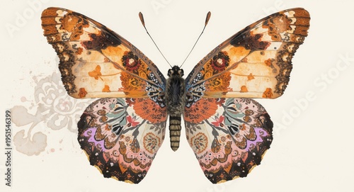 Abstract watercolor depiction of a butterfly enriched with floral and paisley patterning