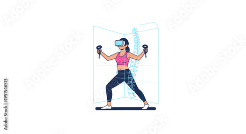Woman exercising in virtual reality, using a VR headset and controllers for an immersive digital fitness experience, surrounded by data visualization.