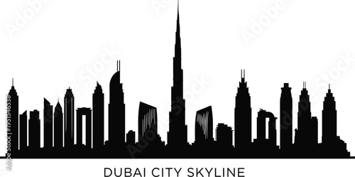 Dubai city skyline silhouette featuring Burj Khalifa and modern skyscrapers, urban architecture landmark collection isolated on white background for travel 