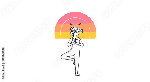 Woman in VR headset doing yoga tree pose with halo and sunset background, symbolizing virtual reality meditation and wellness