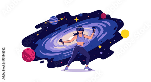 Young woman wearing VR headset and holding controllers, immersed in a vibrant galaxy with planets and stars