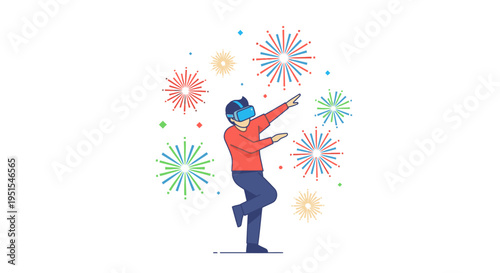 Man wearing VR headset experiencing virtual reality fireworks celebration, futuristic entertainment concept