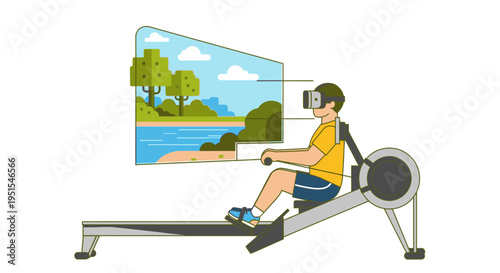 Man rowing machine with VR headset experiencing virtual nature landscape, healthy lifestyle and fitness concept