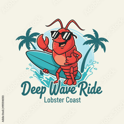 Smiling lobster wearing sunglasses surfboard.