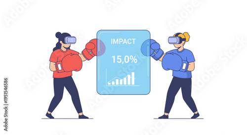 Two people in VR headsets and boxing gloves compete, facing a digital screen showing impact and growth chart.