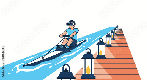 Person wearing VR headset rowing a boat on a digital river with lanterns, futuristic concept