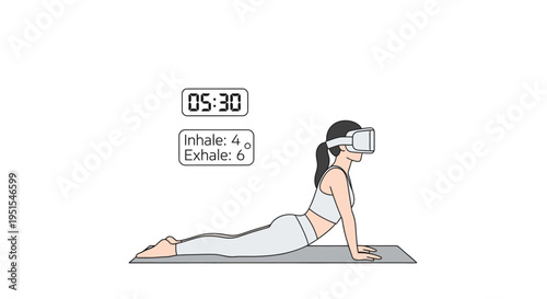 Woman doing yoga cobra pose wearing VR headset, guided by timer and breathing instructions on screen