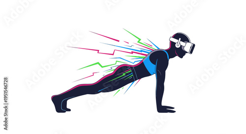 Immersive VR workout: A person in a plank pose with a virtual reality headset, illustrating the future of digital fitness, energy, and interactive exercise.