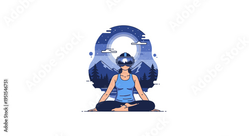 Woman meditating in virtual reality headset, experiencing a serene digital nature landscape, combining technology with mindfulness and mental escape.