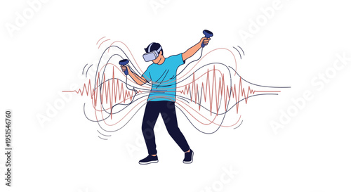 Man in virtual reality headset with controllers immersed in a digital world, surrounded by abstract data waves, representing metaverse gaming or futuristic entertainment.