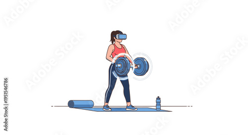 Woman in a VR headset engages in a futuristic weightlifting workout, using a digital barbell in an immersive virtual reality fitness experience.