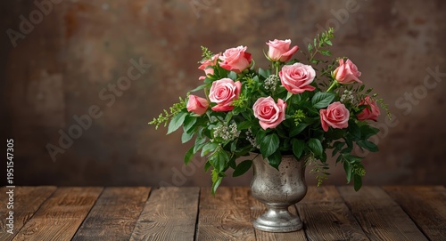 Romantic pink roses and lush greenery displayed in a rustic silver vase on a wooden textured background with copy space