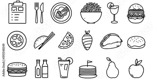 A set of minimalist food icons in a flat line art style