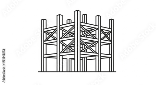 Architectural structure illustration featuring a complex framework of beams and supports, detailed.