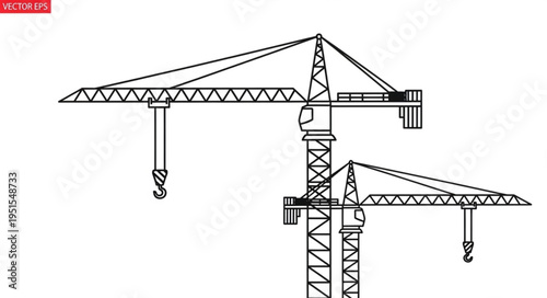 Construction cranes in a detailed line art illustration, ready for building projects.