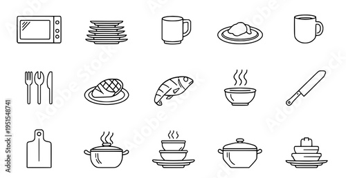 A set of minimalist kitchen icons and utensils in a simple line art style