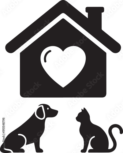 Black vector icon of a house with heart and pets, dog and cat isolated on transparent background