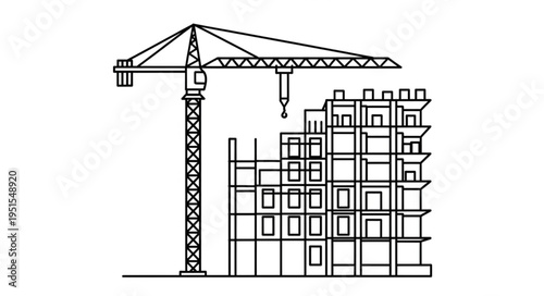 Construction site with crane building a high-rise structure, black and white illustration.