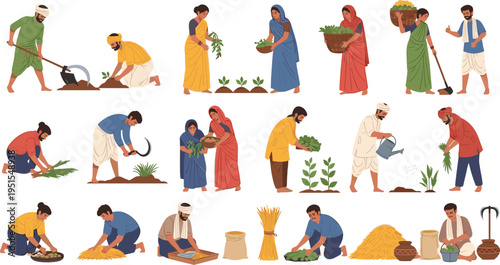 Indian Farmers Agricultural Activities Collection with Planting, Watering, Harvesting, and Rural Village Work Scenes in Traditional Farming Illustration Set