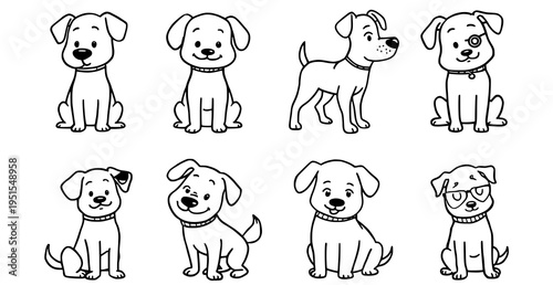 A set of cute cartoon dogs in various poses and expressions