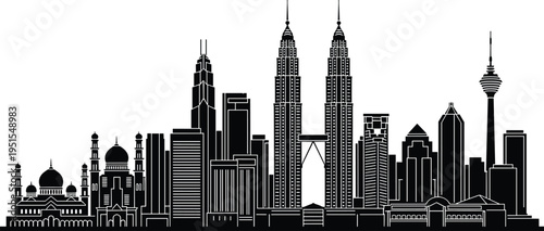 Kuala Lumpur skyline silhouette featuring Petronas Twin Towers and iconic landmarks, urban cityscape architecture collection isolated on white background for travel and design use