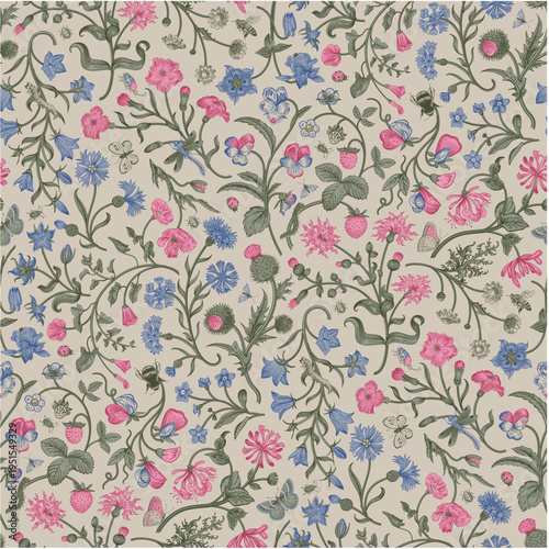 Flowers of the Meadow. Vintage seamless floral pattern. Inspired by hand embroidery. Pink and blue flowers
