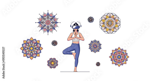 Woman practicing yoga in virtual reality, surrounded by colorful mandalas, blending ancient spirituality with modern technology for digital wellness and mindfulness.