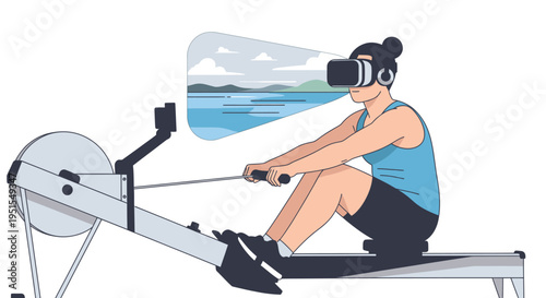 Woman enjoying an immersive virtual reality rowing workout at home, experiencing a scenic outdoor landscape while exercising indoors.