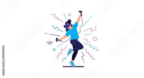 Excited woman enjoying immersive virtual reality gaming and entertainment, exploring futuristic digital worlds with VR headset and controllers.