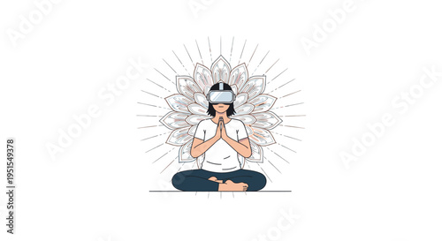 Virtual Reality Meditation: Woman in VR Headset Meditating in Lotus Position with Mandala Background, Digital Wellness and Mindfulness Concept