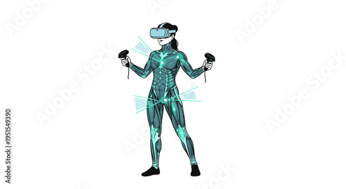 Futuristic woman in VR headset with glowing cybernetic body lines, exploring virtual reality with controllers, representing future technology and digital immersion.