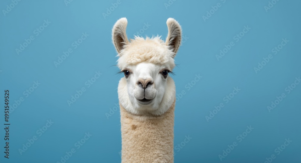 Fototapeta premium Delightful cartoon alpaca head against flat blue backdrop