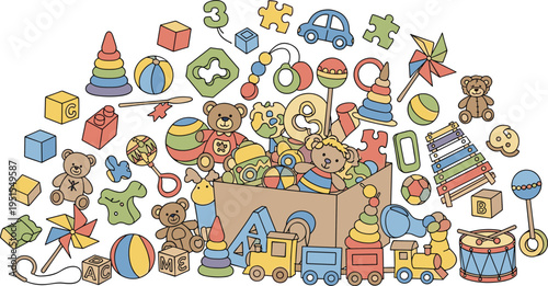 Cartoon Baby Toys Collection with Teddy Bears Blocks Train Stacking Rings Puzzle Pieces and Playroom Objects for Kids Vector Illustration