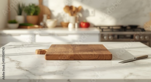 kitchen counter setup with wooden cutting board and utensils